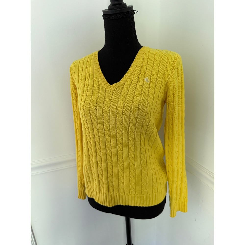 Lauren Ralph Lauren Yellow Cable Knit V-Neck Cotton Sweater Womens S RL Logo